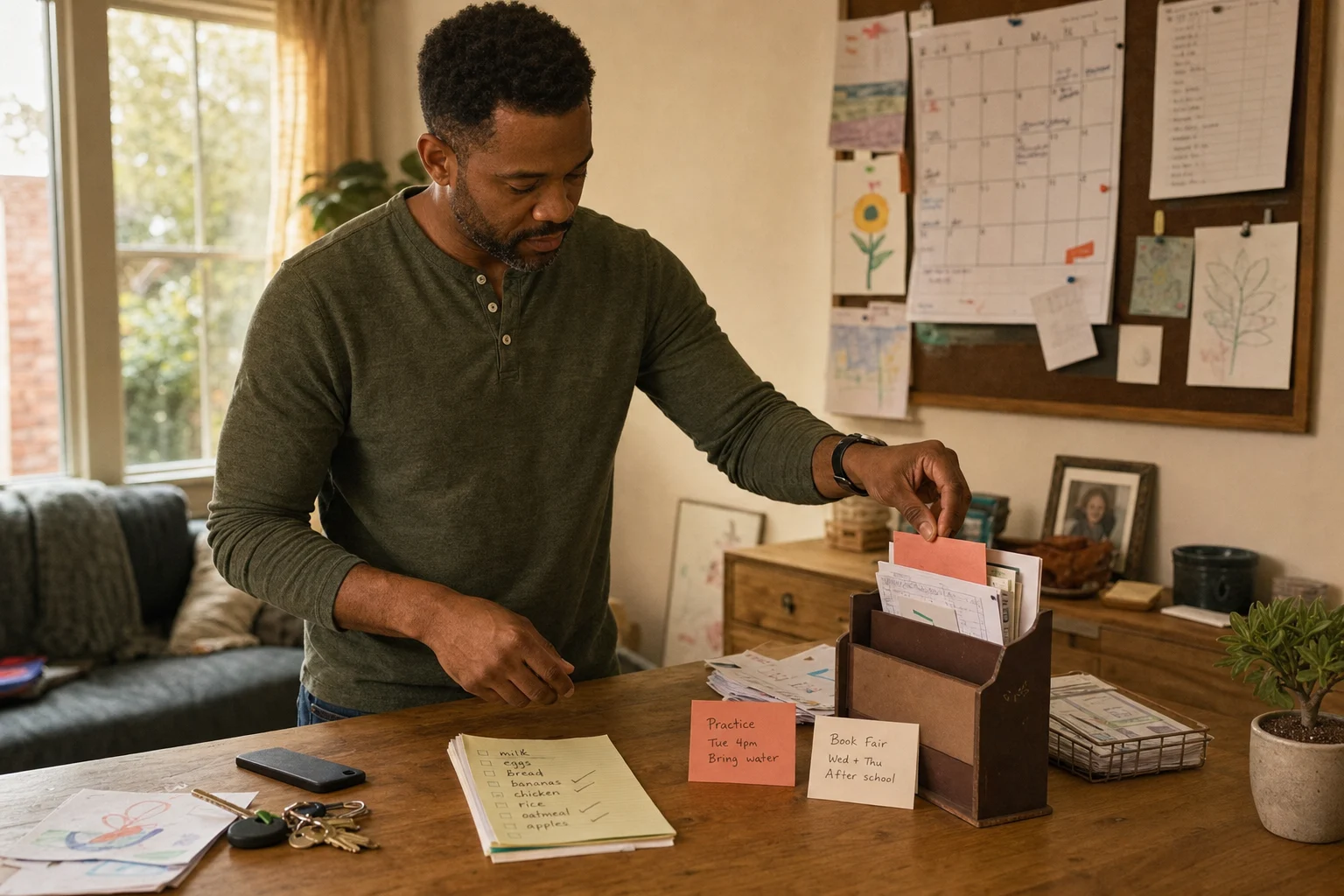 A father sorting family reminders and school schedules into a simple home organizer