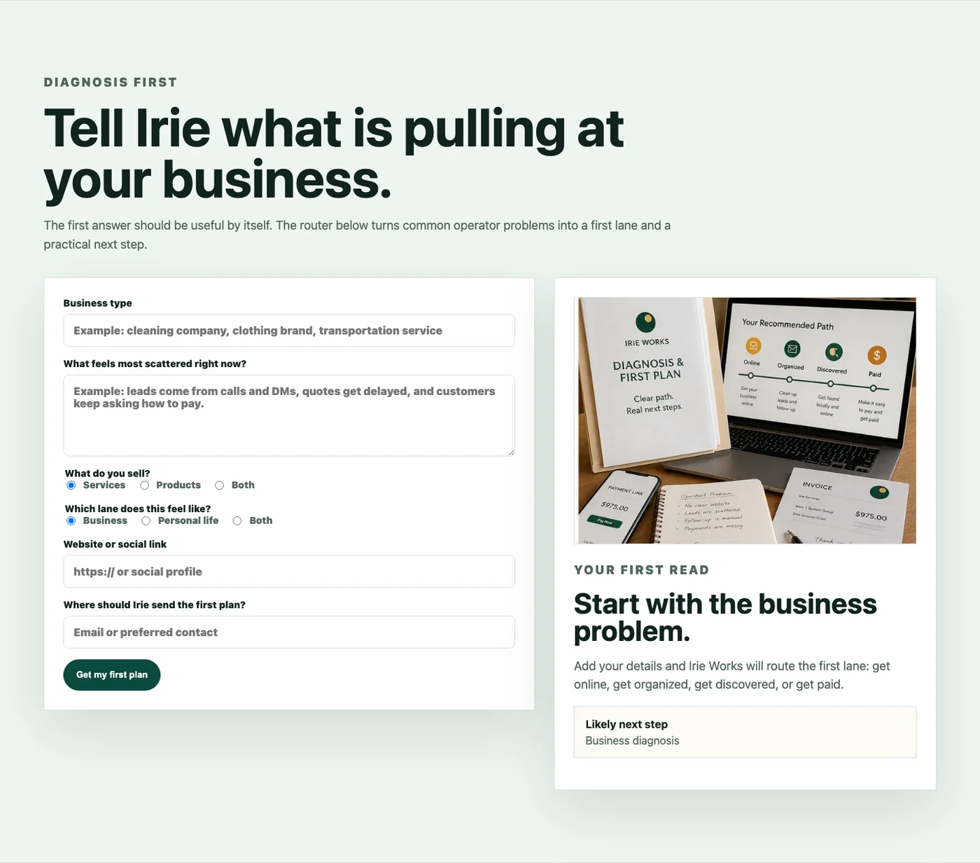 Close-up screenshot of the Start Irie diagnosis form and first read card
