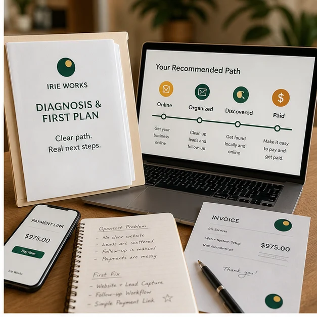 Start Irie diagnosis and first plan materials beside a recommended path screen