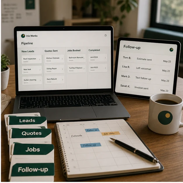 Start Irie lead, quote, job, and follow-up workflow on laptop and tablet