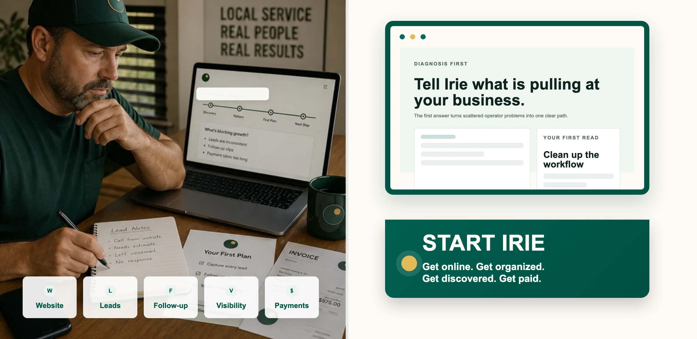Start Irie local operator using a branded first plan dashboard for website leads follow-up and payments