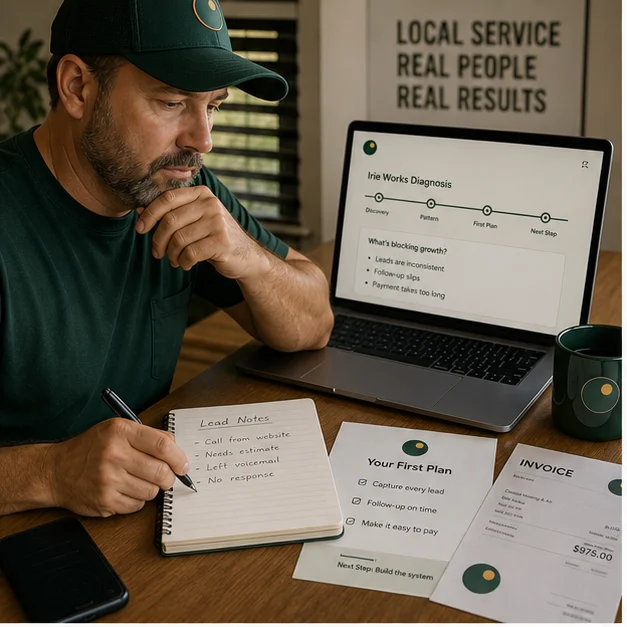 Local operator reviewing a Start Irie diagnosis and first plan at a desk